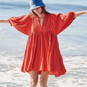 Sundry long sleeve drop sleeve mini dress in coral color.